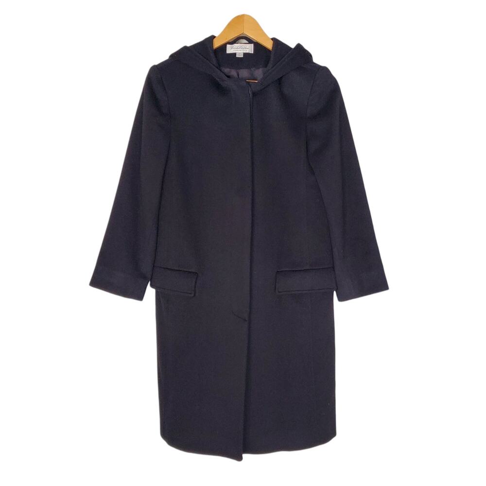Brooks Brothers Hooded Long Coat Black 100% Wool Classic Pockets Size XS Outdoor